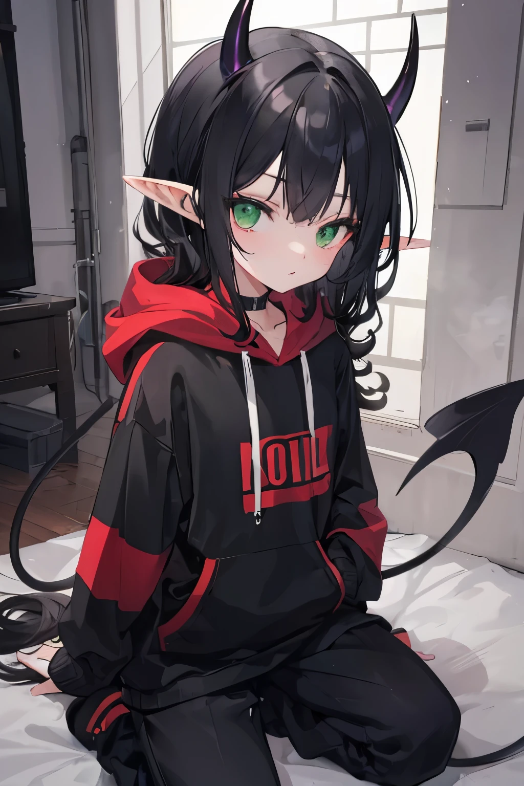 Tiny   ((girl)) with long black hair and black ((curled horns)), green eyes. Oversize hoodie and pants, black demon tail, long elf ears