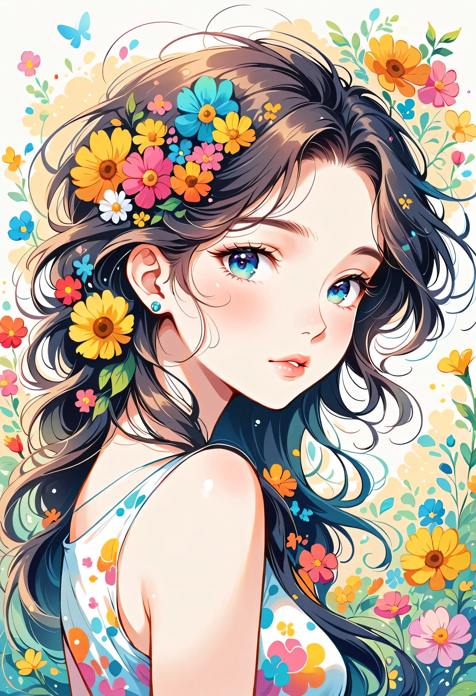 Watase Seizo Style、The most beautiful girl of all time、Lips in Love、Colorful flowers、Simple line initials、Abstract art、Urban Background