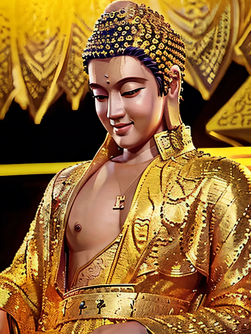 A smiling Buddha wearing an Elvis Presley-style sequined jumpsuit, photorealistic, highly detailed, dramatic lighting, Yellow colors, intricate patterns, glowing aura, hyper-realistic, cinematic composition, masterpiece