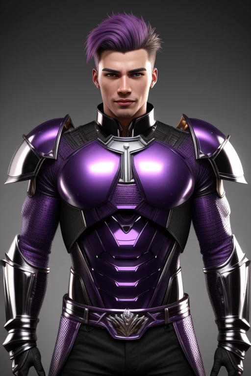  3d HDR  photorealistic ultra realism high definition aesthetic stabilized diffusion picture of handsome hunky Warrior Saturn , purple hair , Violet amethyst transparent sparkling shiny crystal glass chrome outfit armor,,look at camera, detailed facial parts,, studio as background, Freestyle Pose, Happy Expression, perfect anatomy, symmetric body,, 18 years old,  :: high detail, a lean athletic body, realistic, human skin, extremely detailed fingers,  chad chin,, masculine, human skin, (eyes contact), gorgeous, Attractiveness