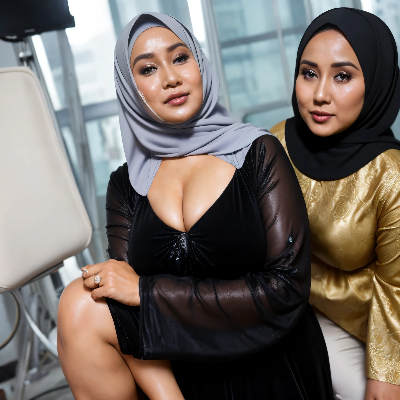 Hijab Indonesian woman, ((Beauty Mature woman)), 49 years Old, white porcelain Skin, Gamis, TV Program Producer, Showing delicious Oiled Huge inside her Gamis, Lifting Gamis, Curvy Body, ((Huge Tits)), ((Black Wide Areolae)), ((Indonesian News Achor Tina Talisa :1.2)), ((Sundanese Woman)), at Director Office, ((her Face cover by A Lot of sperm liquid)).