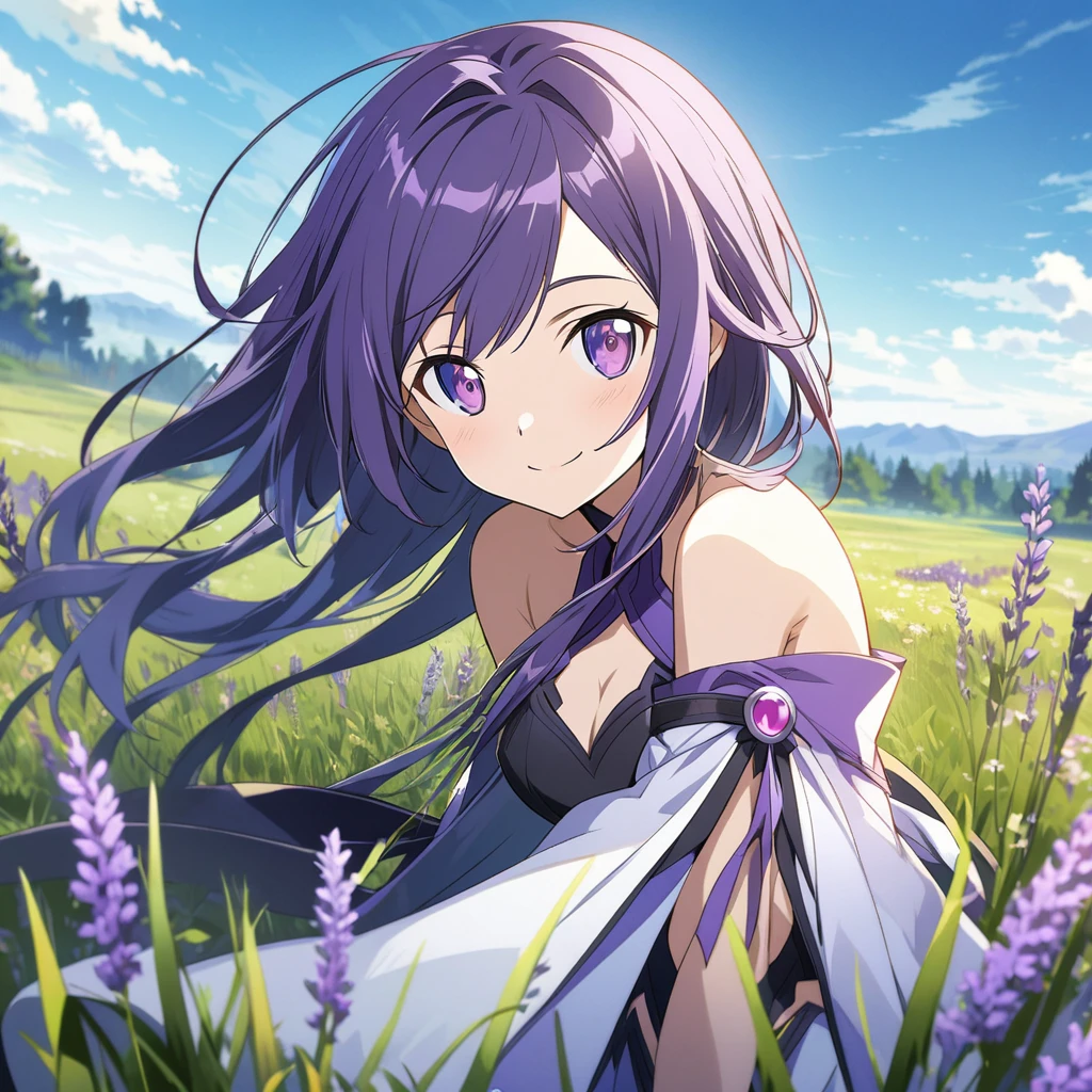 Yuuki \(Sword Art Online\), (long bright lavender hair), (bright lavender eyes):1.2, Songstress costume, bangs, smiling elegantly, ((ultra-detailed)), ((illustration)), ((neat hair)), (beautiful detailed eyes), female, 1girl, standing, (meadow, grassland)), looking at viewer