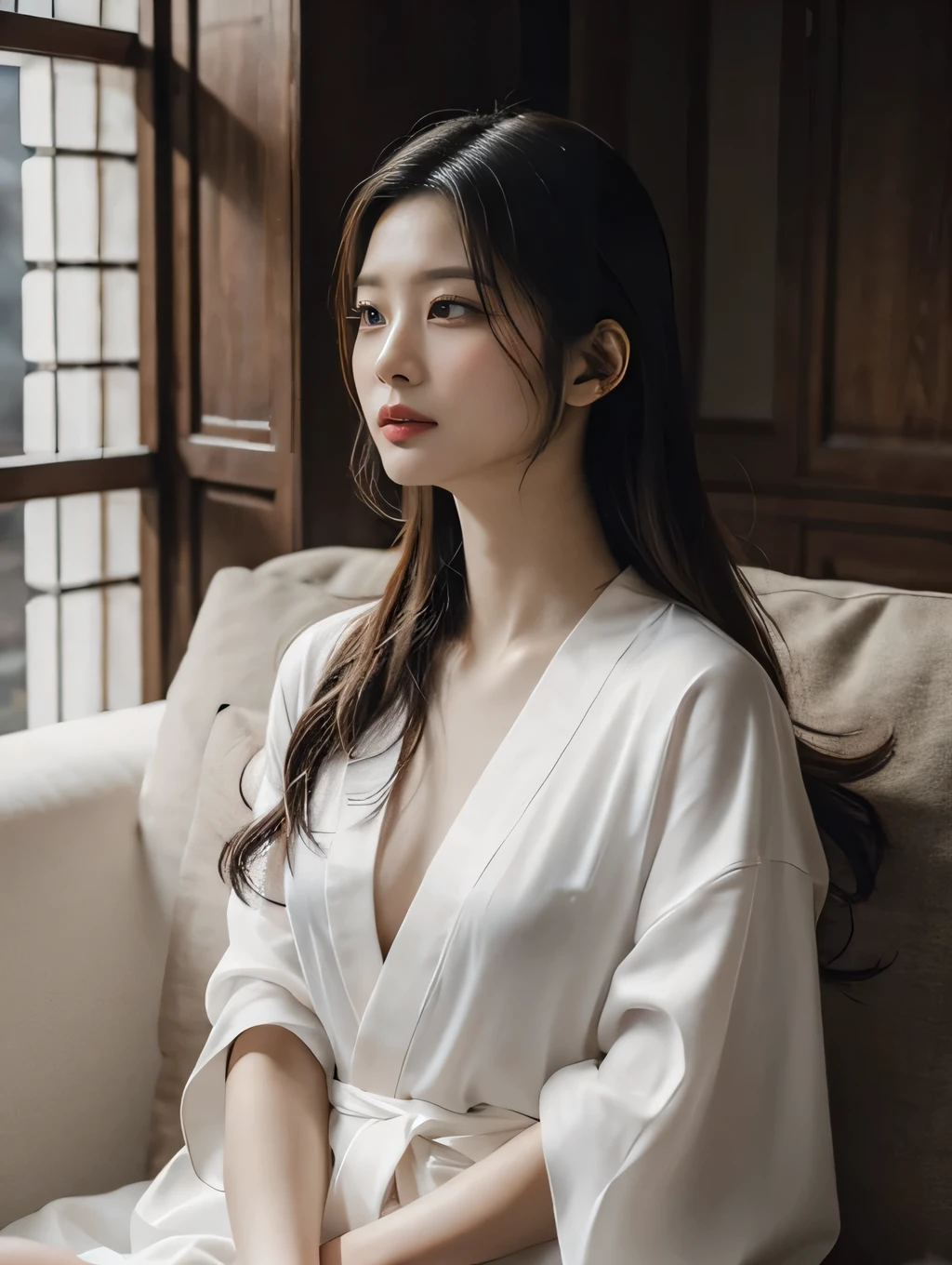 araffed asian woman in a white dress sitting on a couch, a picture by Leng Mei, tumblr, rococo, wearing a luxurious silk robe, flowing magical flesh robe, wearing white silk robe, in a silk robe, delicate soft hazy lighting, wearing dark silk robe, translucent silky dress, soft ethereal lighting, flowing sakura silk, silk robes