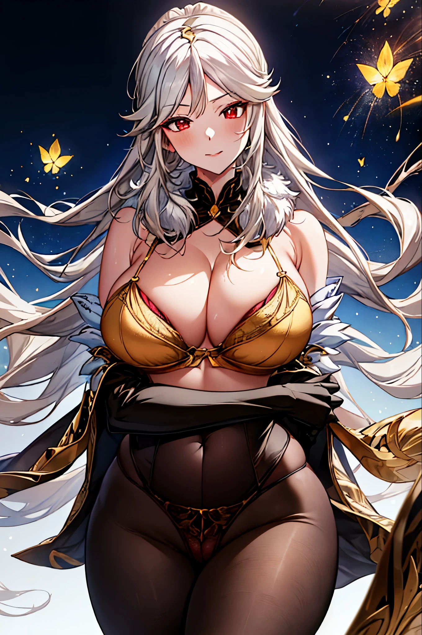 (masterpiece), (curvy anime mom), (ultra detailed), (white background) beautiful, beautiful hands, UHD, HDR, 8k, complex and beautiful, a beautiful mature woman, gold lingerie, pantyhose, eyes bright red eyes, seductive look, beautiful mouth, perfect hands, silver hair