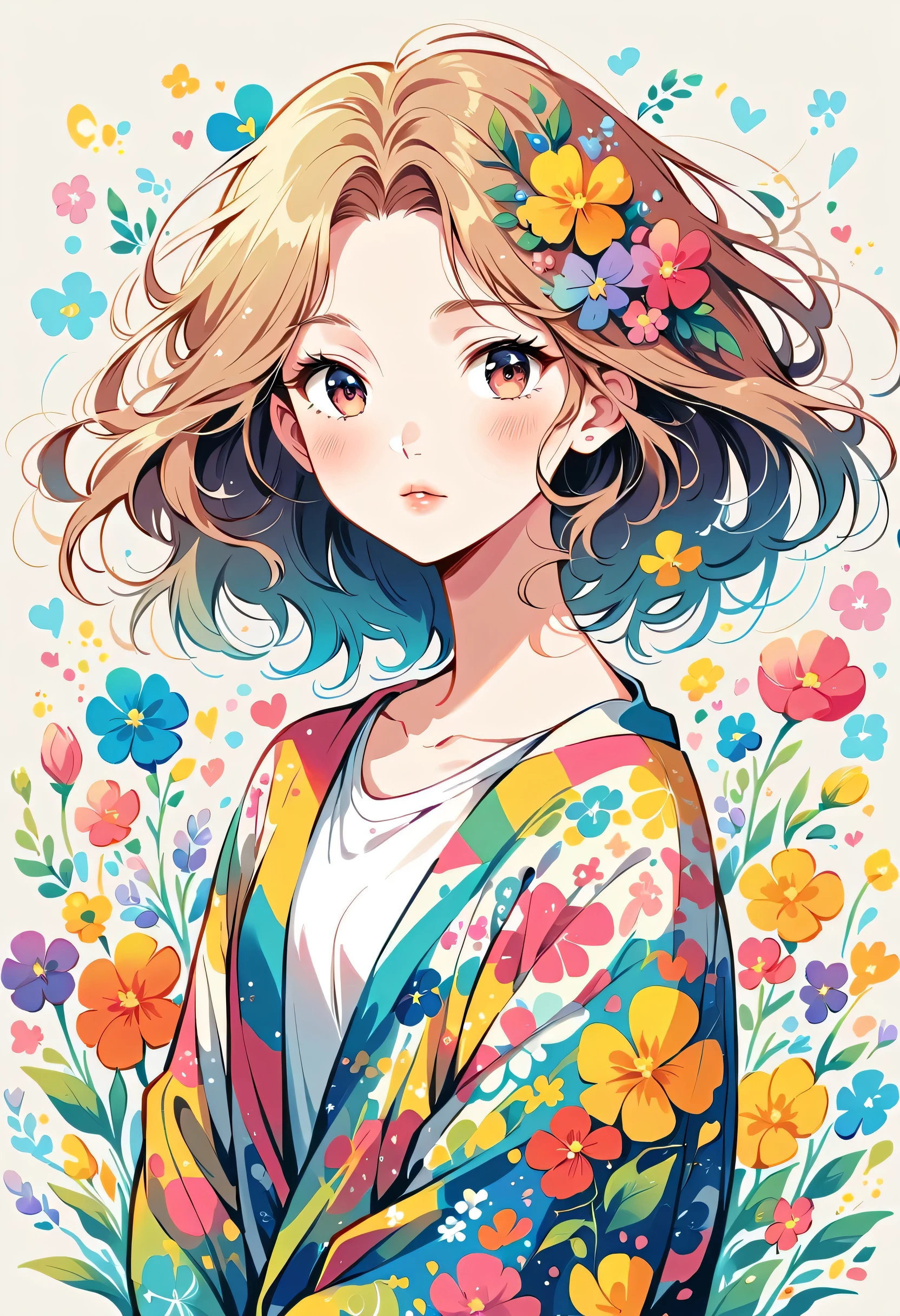 Hayao Miyazaki Style、The most beautiful girl of all time、Lips in Love、Colorful flowers、Simple line initials、Abstract art、Urban Background