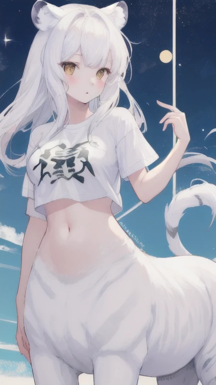 (best quality, masterpiece), 1 girl, centaur, It takes, White skin, belly button t-shirt, 아름다운 소녀 perfect white tiger photo, perfect white tiger photo