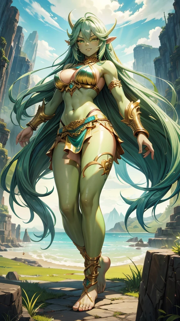 Beautiful girl with long cyan hair, orc,green skin and tattoos,Gold Bikini,Thong,Transparent long skirt,,barefoot,valley
