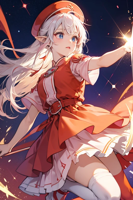 Fukotchi has light pink skin, pink cheeks, and dark blue eyes. She wears a light red and orange dress, light red stockings, and a light red and orange cap. She has pointed ears and white hair. SPARKLE; GLITTER