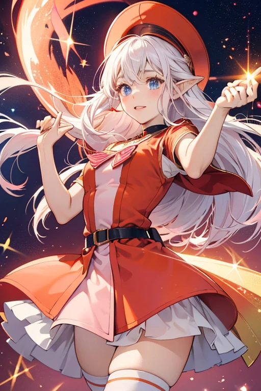 Fukotchi has light pink skin, pink cheeks, and dark blue eyes. She wears a light red and orange dress, light red stockings, and a light red and orange cap. She has pointed ears and white hair. SPARKLE; GLITTER