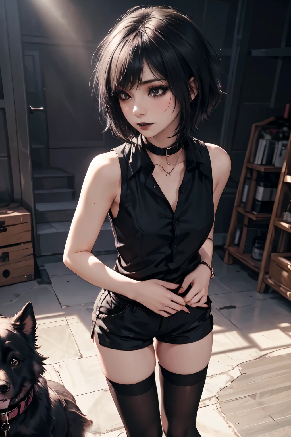 1girl, woman, emo_hairstyle, black lipstick, dog collar, eyeliner, eye shadow, smoky eyes, realistic lighting, short hair, sleeveless silk shirt, tight shorts, black thighhighs, standing up.