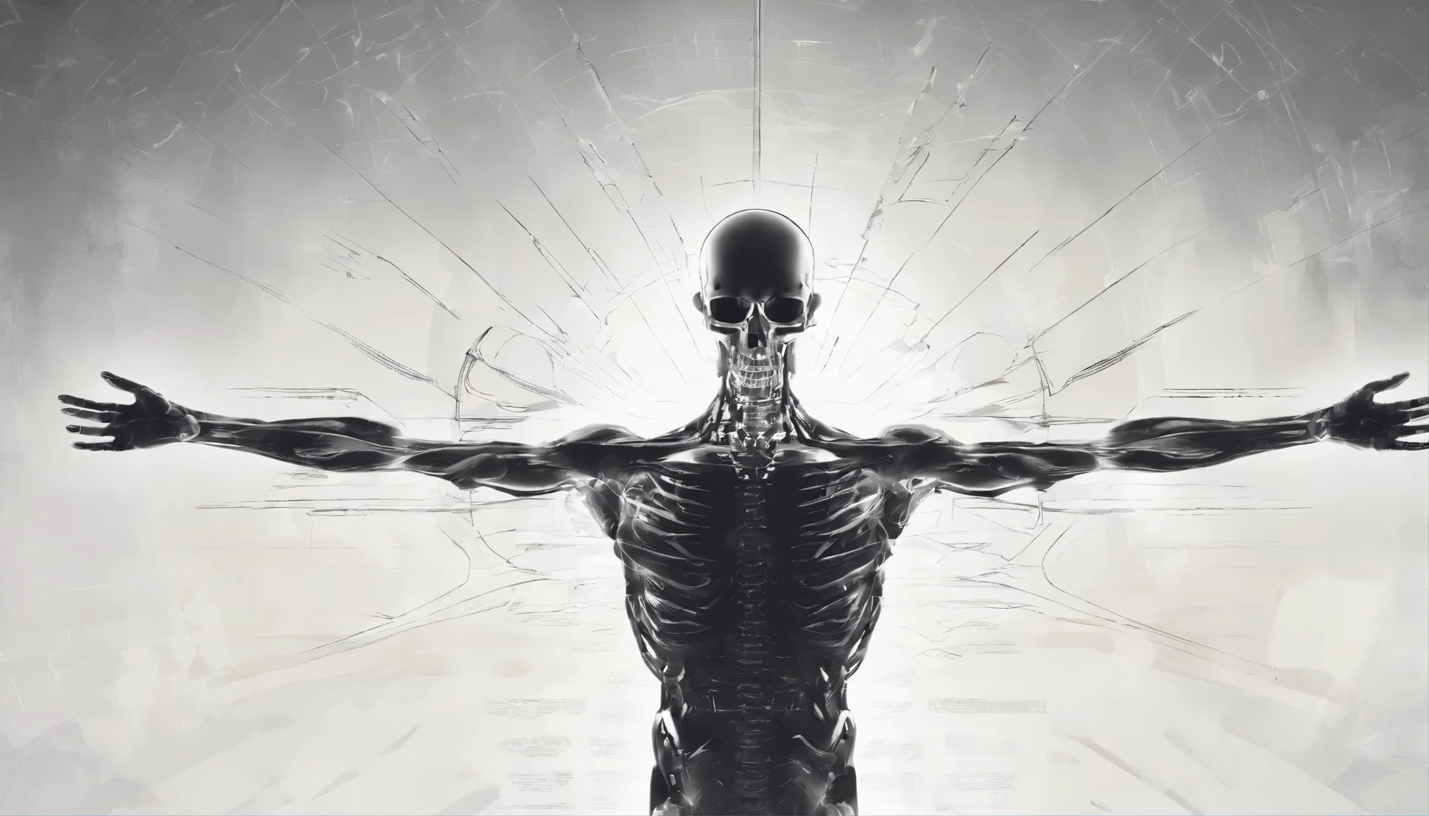 White silhouette of the human body from the front with open arms, with light background behind and skulls on the floor