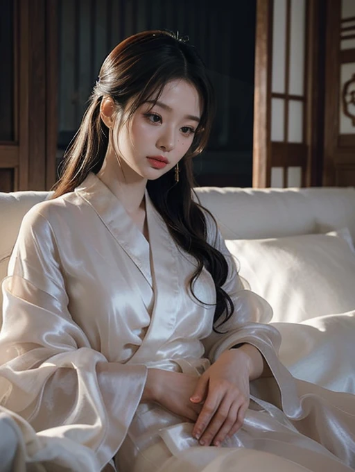 araffed asian woman in a white dress lying on a couch, a picture by Leng Mei, tumblr, rococo, wearing a luxurious silk robe, flowing magical flesh robe, wearing white silk robe, in a silk robe, delicate soft hazy lighting, wearing dark silk robe, translucent silky dress, soft ethereal lighting, flowing sakura silk, silk robes