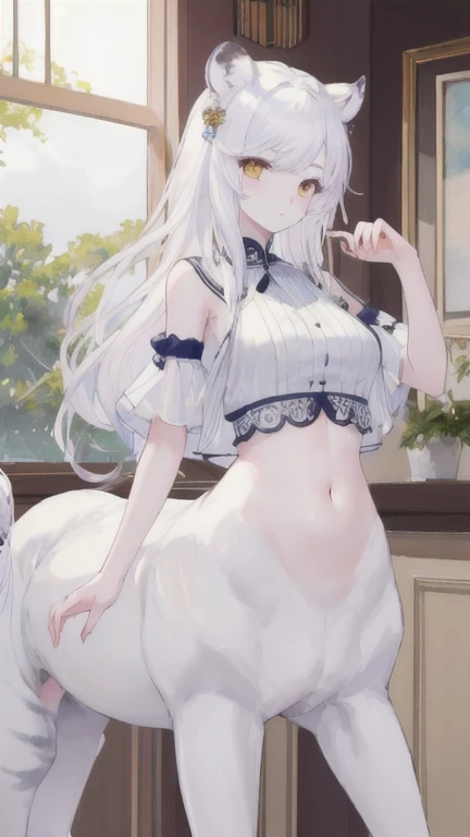 (best quality, masterpiece), 1 girl, centaur, It takes, White skin, navel, 아름다운 소녀 perfect white tiger photo, perfect white tiger photo
