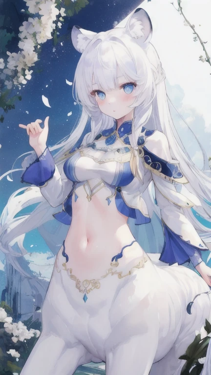 (best quality, masterpiece), 1 girl, centaur, It takes, White skin, navel, 아름다운 소녀 perfect white tiger photo, perfect white tiger photo