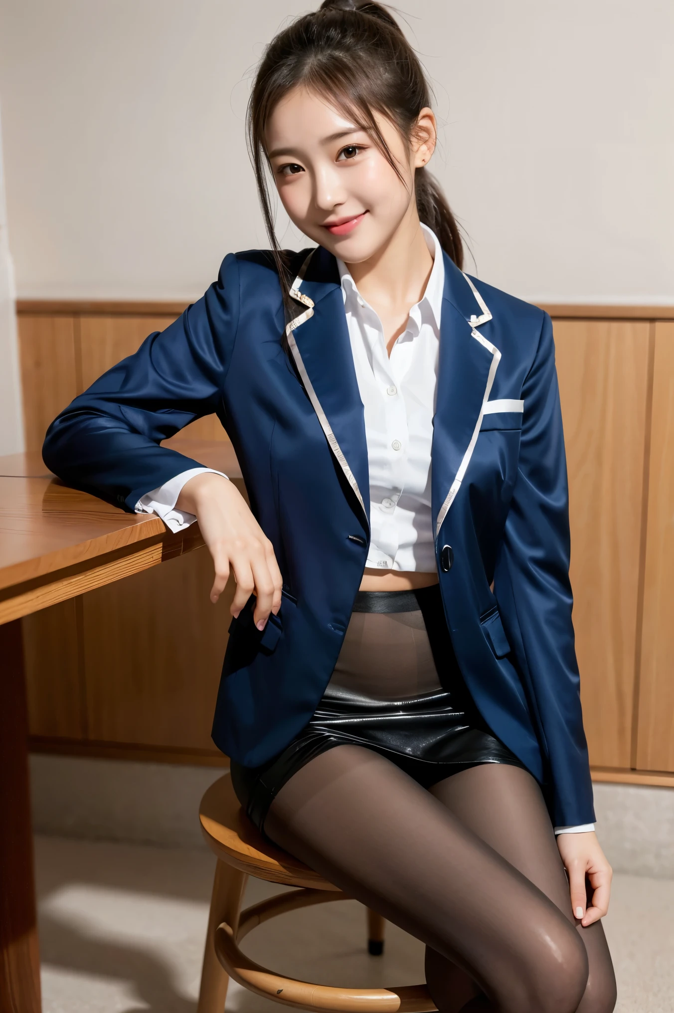 (8k), (highest quality: 1.2), (Realistic), (Realistic: 1.37), Ultra-high resolution, 1 girl, cute, Shiny skin,(Blushing:1.2),smile, Mouth closed, Beautiful details, Beautiful Nose, whole body, Wet Hair, ponytail,Giant Dulcefo, pork,Navel exposed,(University Student Uniform:1.2),A simple blazer, white shirts formal,Pleated skirt,Sit on a chair, (shiny pantyhose:1.2)