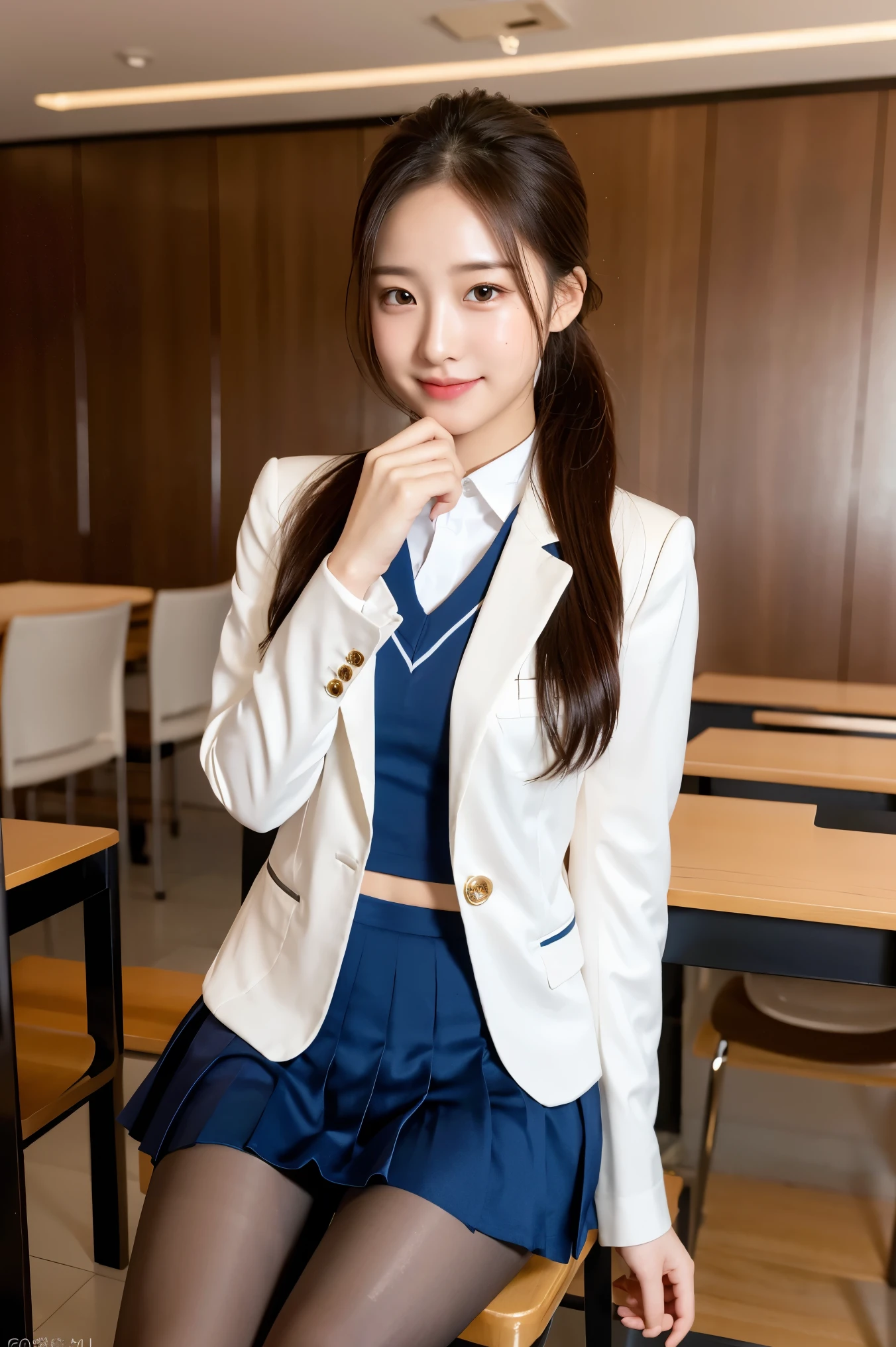 (8k), (highest quality: 1.2), (Realistic), (Realistic: 1.37), Ultra-high resolution, 1 girl, cute, Shiny skin,(Blushing:1.2),smile, Mouth closed, Beautiful details, Beautiful Nose, whole body, Wet Hair, ponytail,Giant Dulcefo, pork,Navel exposed,(University Student Uniform:1.2),A simple blazer, white shirts formal,Pleated skirt,Sit on a chair, (shiny pantyhose:1.2)
