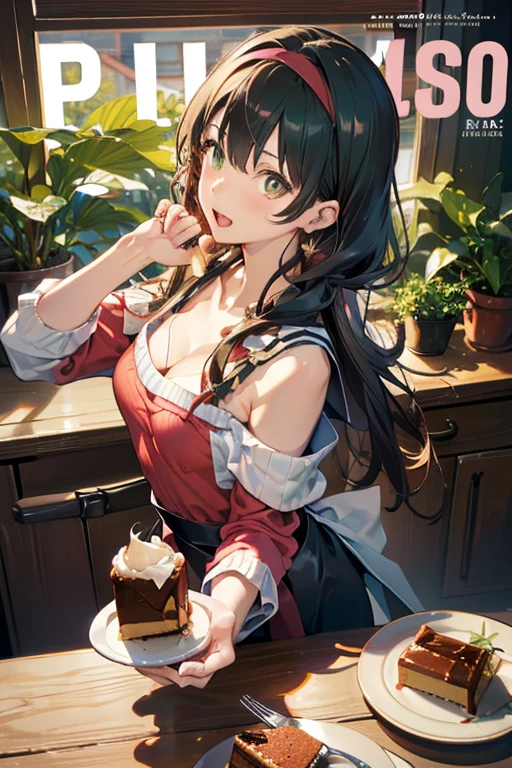 (small breasts:1.2), (perky chest:1.2), (pointed chest:1.2), (Pudding cake magazine cover:1.3),(from above:1.0),(from side:0.9),masterpiece, 1girl, Amazing Cleavage:1.1, thin waist, big ass, Raised sexy, posed cleavage:1.2、solo, looking at viewer, open mouth, have a cute grass of cute beergrass,black hair, dark green eyes, dress, bare shoulders, jewelry, collarbone, sidelocks, hairband, earrings, indoors, off shoulder, sweater, arms behind back, plant, short hair with long locks, gild hairband, off-shoulder dress, sweater dress, off-shoulder sweater, red sweater, dark gord hair, big side hair, very long side hair,is rendered in (masterpiece: 1.2, best quality), with (ultra high resolution) and an exquisite (depth of field). This masterpiece is not only visually stunning but also tells,A scene of cooking in the kitchen by classroom