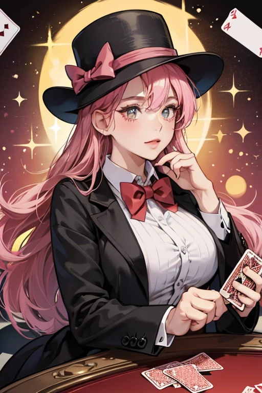 sHe wears a black bowler hat with pink trim and two playing cards along with a red bowtie. sHe also has dark orange cheek highlights. SPARKLE; GLITTER