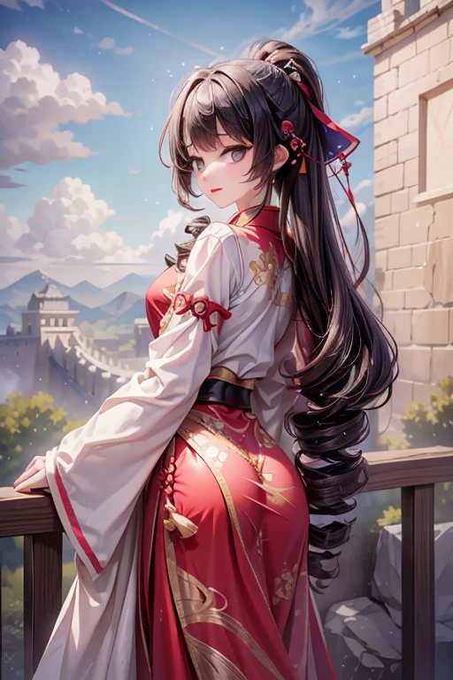 masterpiece, highest quality, High resolution, 15-year-old girl、black eye、
Black Hair、Drill Hair、Twin Drill、Red Chinese clothing、In front of the Great Wall