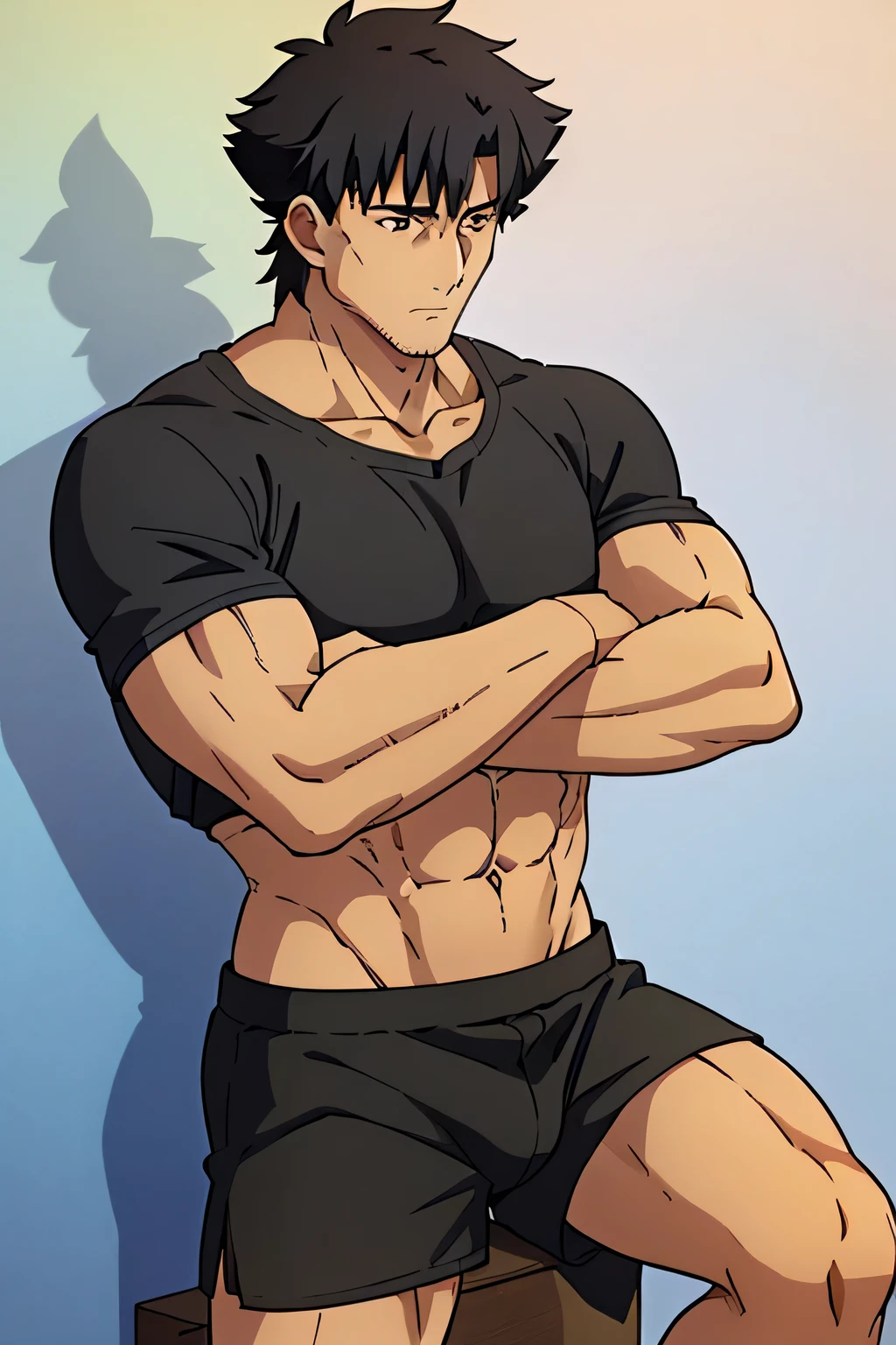 Kiritsugu is sitting and flexing his biceps and abs. He wears black short boxershorts. You can see his thighs. He is admiring his muscles. He has bulging veins on his arms. He wears a black tshirt with short sleeves. His right sleeve is completely rolled up so you can see his entire arm and shoulder. He is showing his abs too.