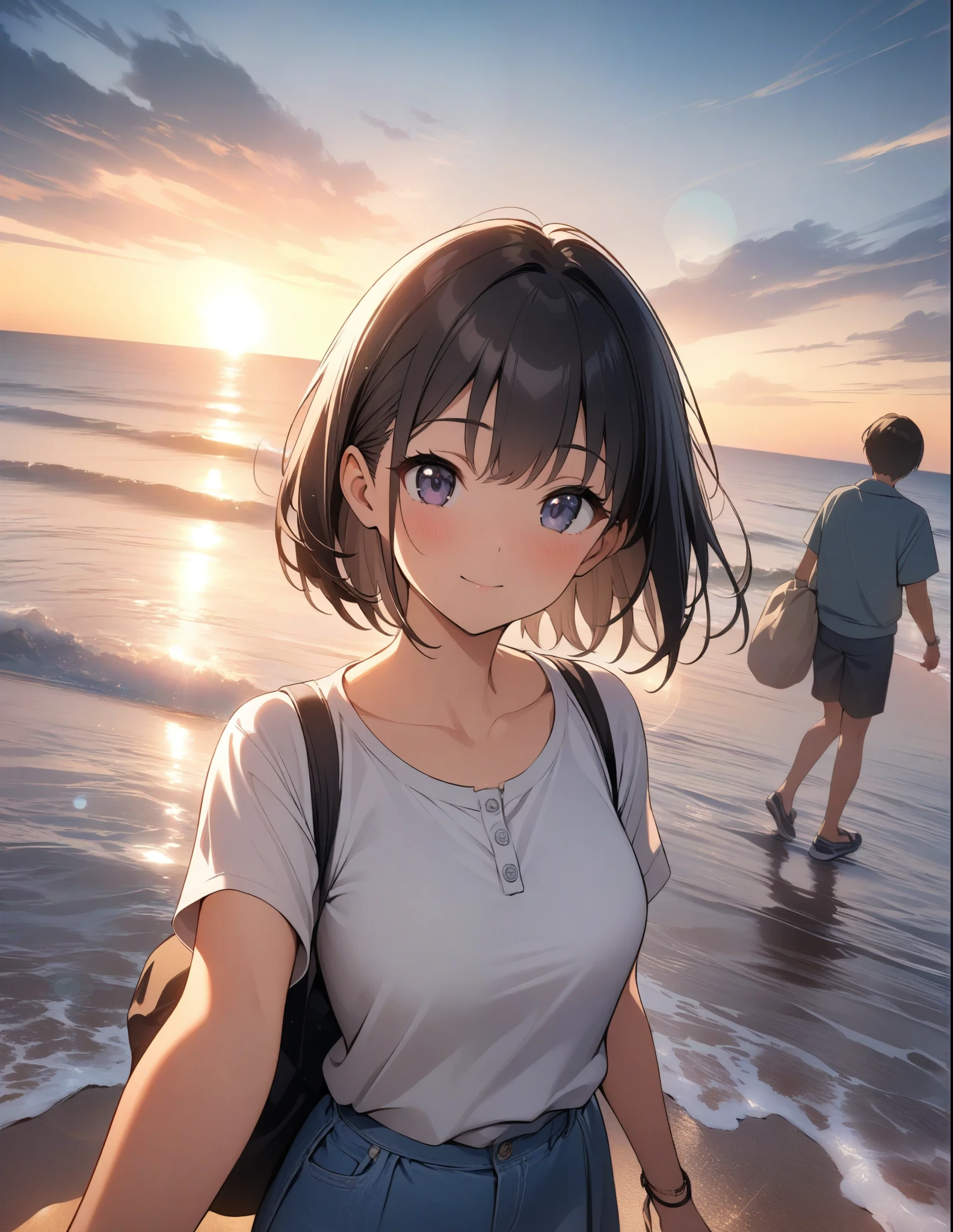 (anime)、(masterpiece:1.2),atmospheric perspective,lens flare、(Boyish Girl)、Casual clothing、Black Hair、short hair、cute、Ruck sack、Watching the sunrise on the beach、My hair flutters in the sea breeze、Take a selfie with the sunrise in the background、Wide-angle lens、Lens flare