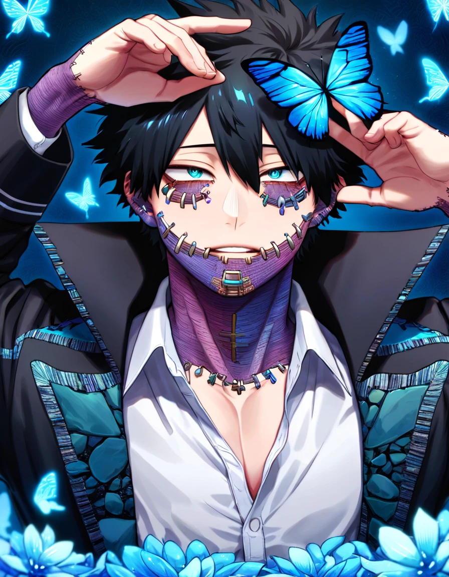 Ultra detailed, Highres, absurdres, HDR, Dabi, black hair, expressive turquoise eyes, black coat with patterns, Boku No Hero Academia, blue flowers, petals, handsome, sexy man, solo, very detailed eyes and face, glittering blue butterflies, master piece, glittering, fantasy, cross, blue background, blue flames, white shirt