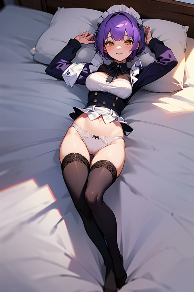 1girl, purple hair, yellow eyes, short hair, medium breasts, maid underwear, bedroom, happy smile, full body, black thigh highs