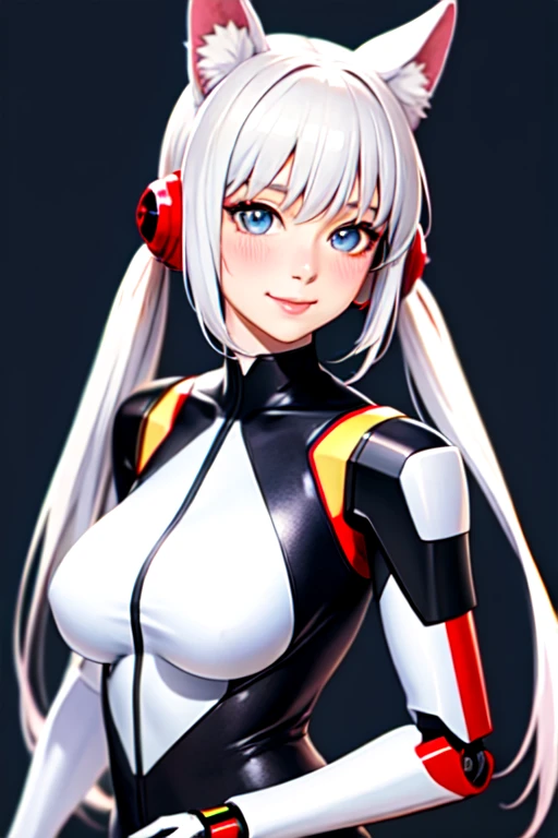 A highly detailed anime art style, a beautiful woman, solo standing:1.5, ((perfect human body)), realistic face, animal ears, bangs, blush, bodysuit, ((robotic parts)), large breasts, bare shoulder, long white hair, long sleeves, (looking to left), skin tight, smile, solo, twintails, very long hair, dark fantasy background, white gloves, (masterpiece:1.4), (shiny skin), light blue eyes, mini skirt