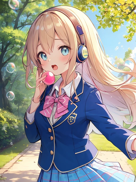 ((masterpiece)), ((best quality)), (ultra-detailed), ((kawaii)), cute, (lovely), illustration, anime style, beautiful girl, earphone, (removing earphone:1.4), reality, returning to reality, lost in music, outside world, surprised expression, long hair, wind blowing, anime, detailed background, park, sunshine, (beautiful eyes), skirt, blazer, expressive eyes, colorful, dynamic pose, outdoor, serene atmosphere, nature, detailed, high resolution, upper body, sunlight, open mouth, tree, falling leaves, perspective, close-up, detailed shading, emotional, immersive, (chewing gum:1.2), (big bubble blowing:1.1)