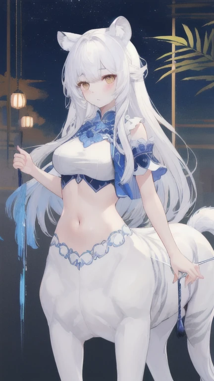 (best quality, masterpiece), 1 girl, centaur, It takes, White skin, navel, 아름다운 소녀 perfect white tiger photo, perfect white tiger photo