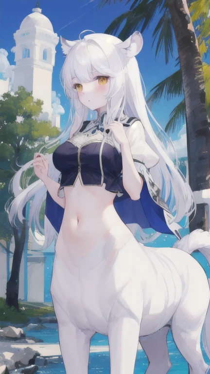 (best quality, masterpiece), 1 girl, centaur, It takes, White skin, navel, 아름다운 소녀 perfect white tiger photo, perfect white tiger photo