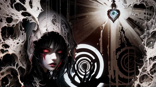 there is a woman with a heart in the middle of a picture, abstract horror, epic 3 d abstract emo girl, dark but detailed digital art, twisted dark lucid dream, shamanic horror lsd art, nightmare digital art, gothic harts, dark high-contrast concept art, darkart, dark art style, expressive digital art, trapped in my conscious