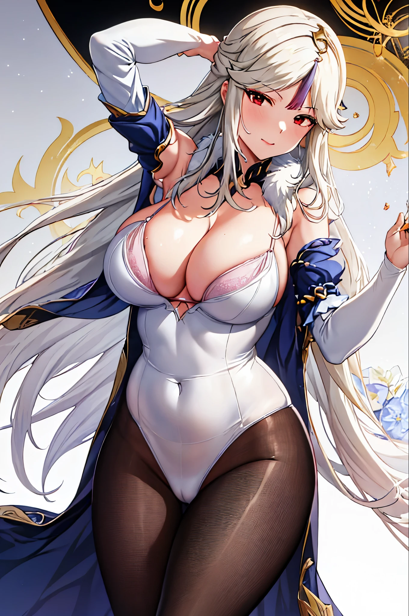 (masterpiece), (curvy anime mom), (ultra detailed), (white background) beautiful, beautiful hands, UHD, HDR, 8k, complex and beautiful, a beautiful mature woman, gold lingerie, pantyhose, eyes bright red eyes, seductive look, beautiful mouth, perfect hands, silver hair