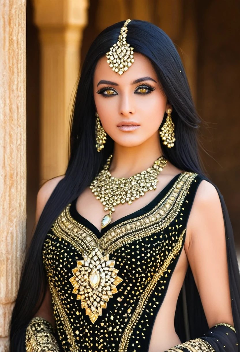Arabian woman beautiful eyes, long black hair, half body, black gold dress studded with black and gold crystals, rich jewelry, background of an Arabian palace