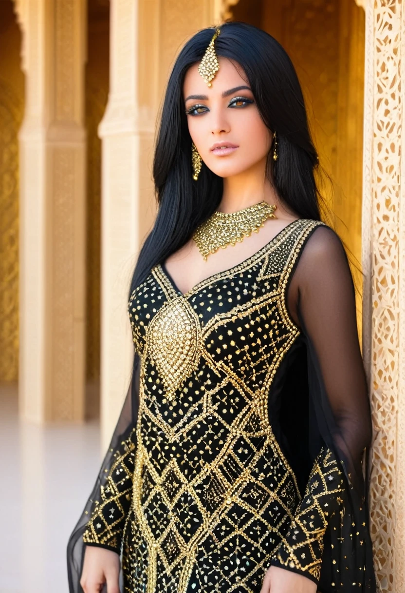 Arabian woman beautiful eyes, long black hair, half body, black gold dress studded with black and gold crystals, rich jewelry, background of an Arabian palace