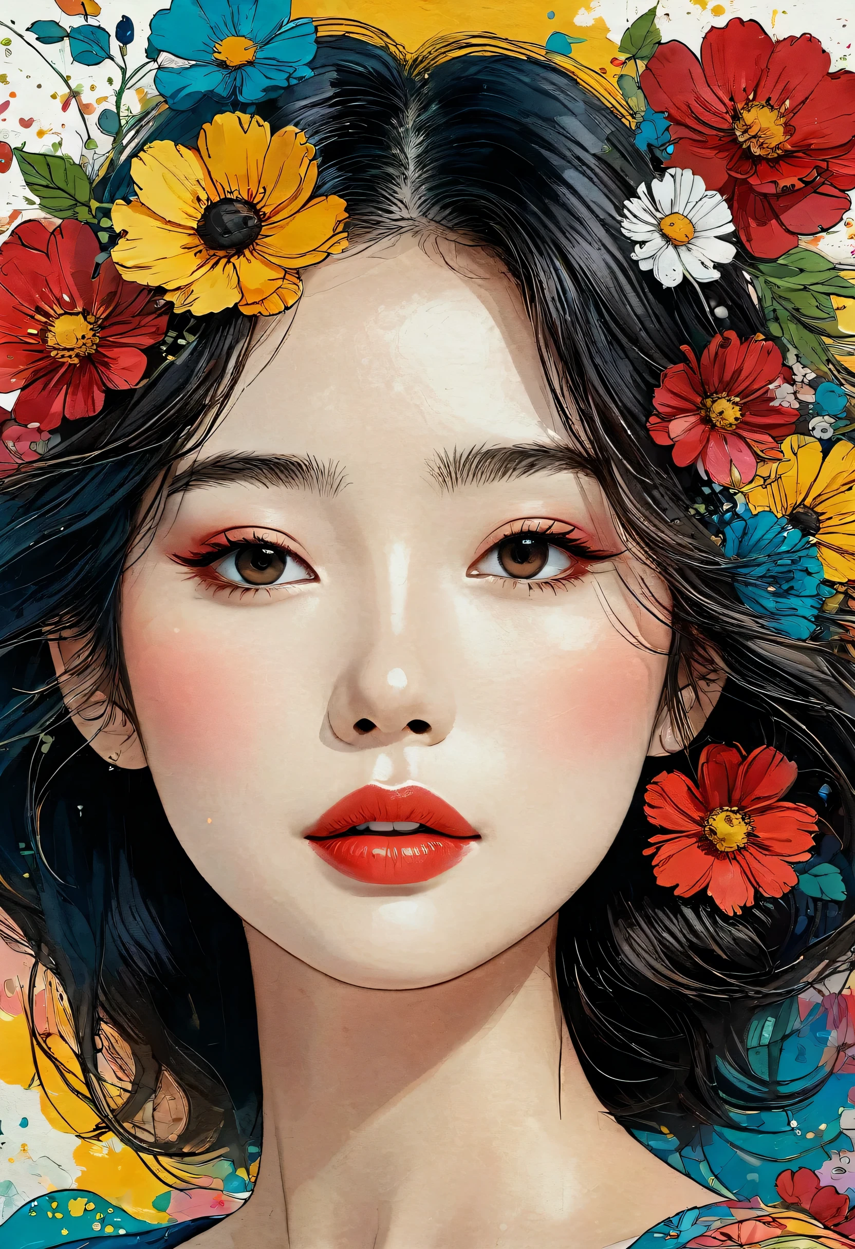 Hayao Miyazaki Style、The most beautiful girl of all time、Lips in Love、Colorful flowers、Simple line initials、Abstract art、Urban Background, Lips in Love