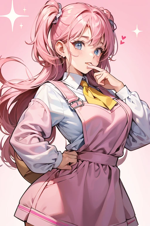 she resembles a person wearing a pink overall and skirt. she covers all of the character's body with the exception of her face and hands. she also has heart shaped cheeks. SPARKLE; GLITTER