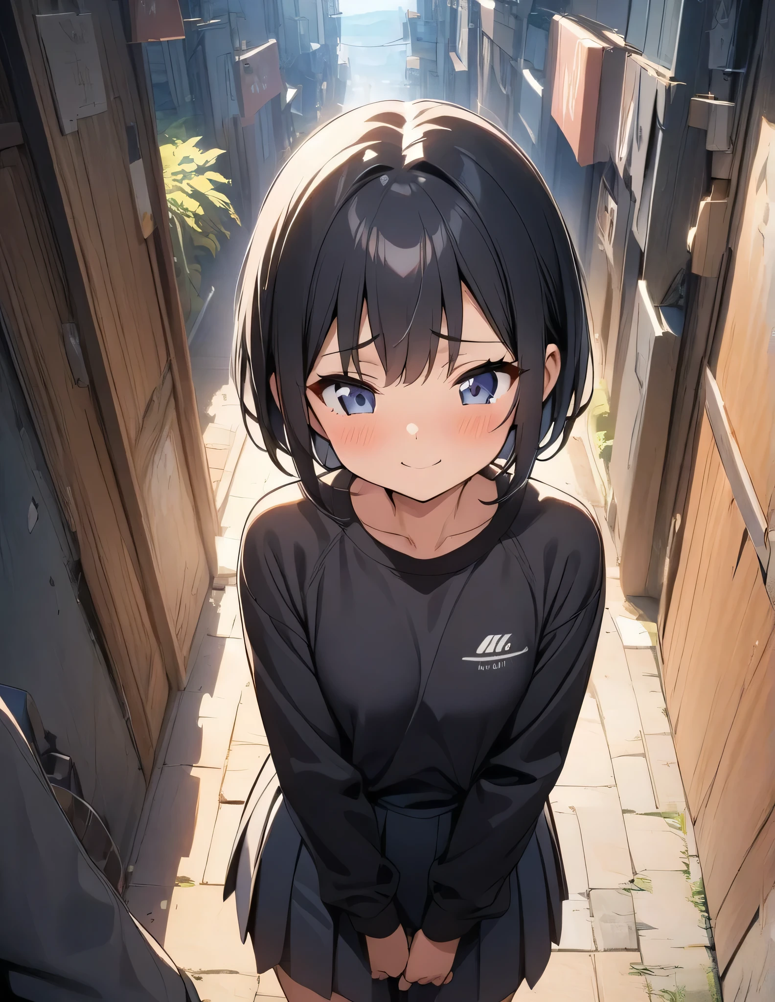 (anime)、(masterpiece:1.2),atmospheric perspective,lens flare、boyish、cute、girl、Black Hair、short、Side Mitsuami、Make a shy smile