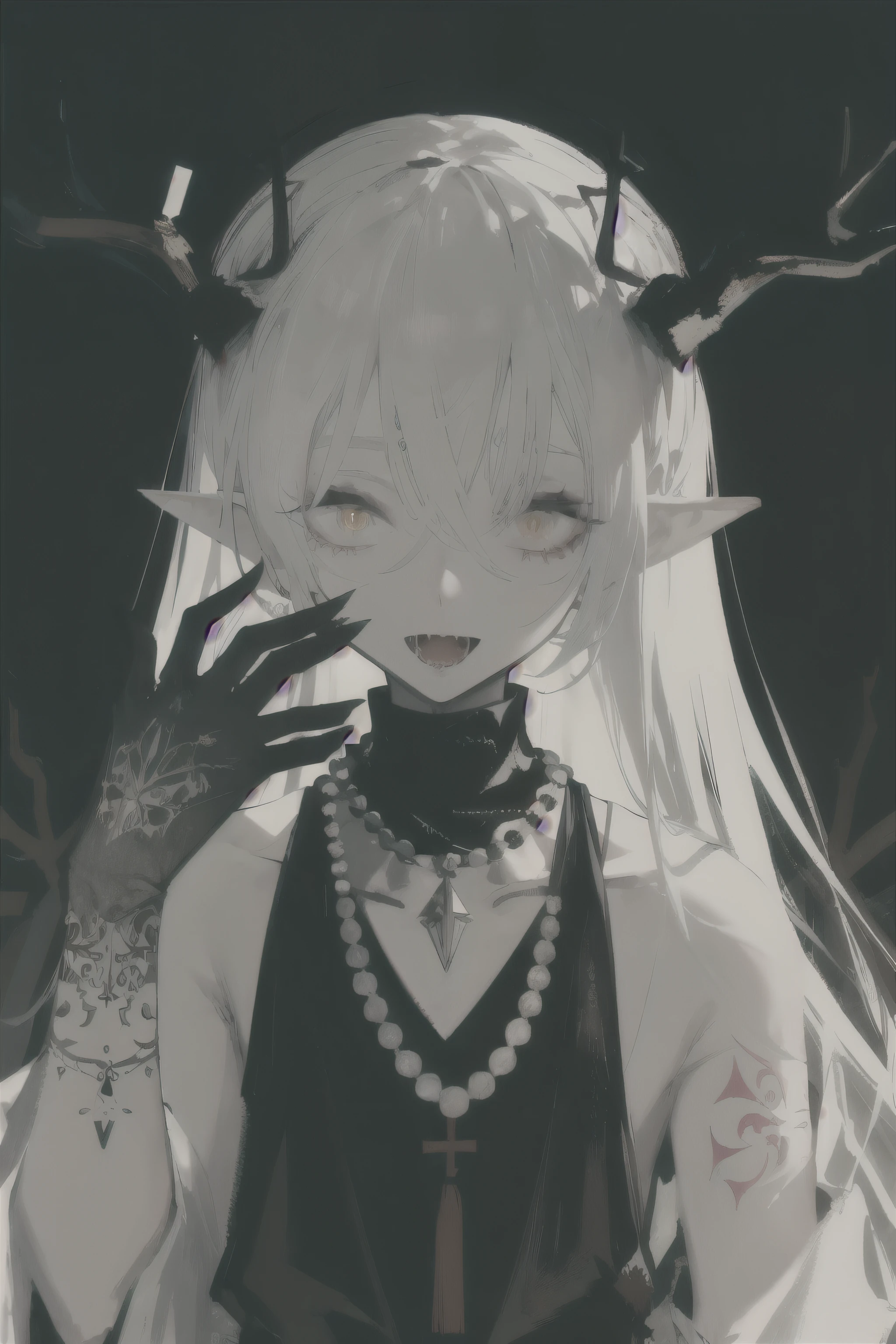 Single, Pointy ears  , nails سوداء, long hair , necklace, Male focus, mask, antlers, jewelry, The Fangs, 1 boy, tattoo, Upper body, Beads, bead necklace, Both mask , Fangs , Both, directly, Looking at the viewer, Clavicle, Raise your hand, Blank Eyes, nails, sleeveless, shoulder tattoo 
/////////// 