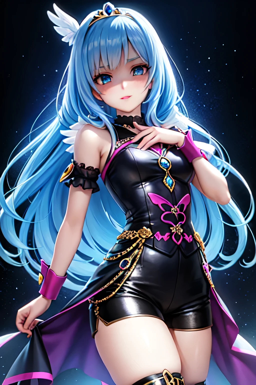 best quality, ultra-detail, masterpiece, anime, 1girl in, solo, cure sky,blue hair,long hair, feather hair ornament, skirt. tiara, wrist cuffs, (black shorts), black shorts under skirt, boots, (glossy fabric), cowboy shot, black gemstones, standing, blush, (beautiful detailed eyes), extra detailed face, perfect lighting, extremely details CG, (perfect hands, perfect anatomy), shiny material, a blue ribbon, jewelry, latex shine,red eye,dark orla,straight hair,black wing,black dress,