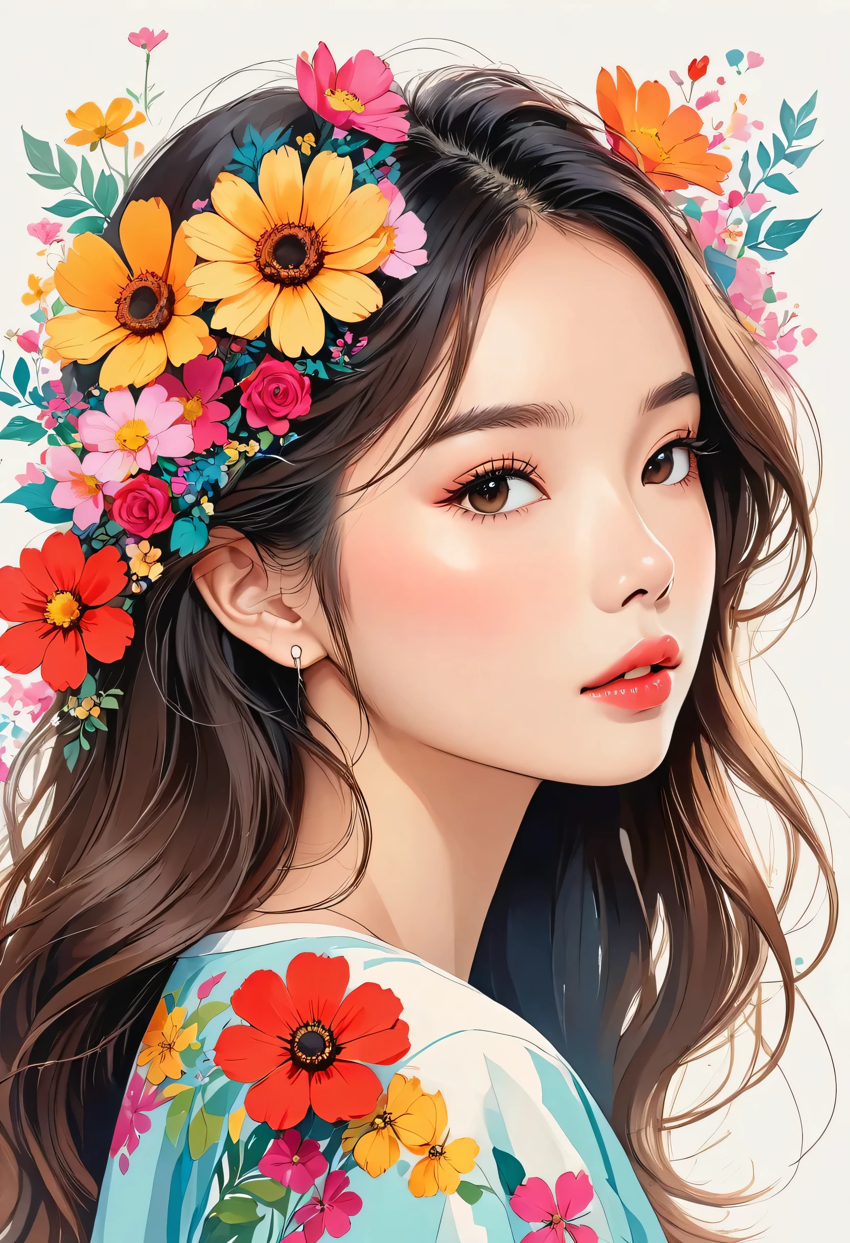 Hayao Miyazaki Style、The most beautiful girl of all time、Lips in Love、Colorful flowers、Simple line initials、Abstract art、Urban Background, Lips in Love
