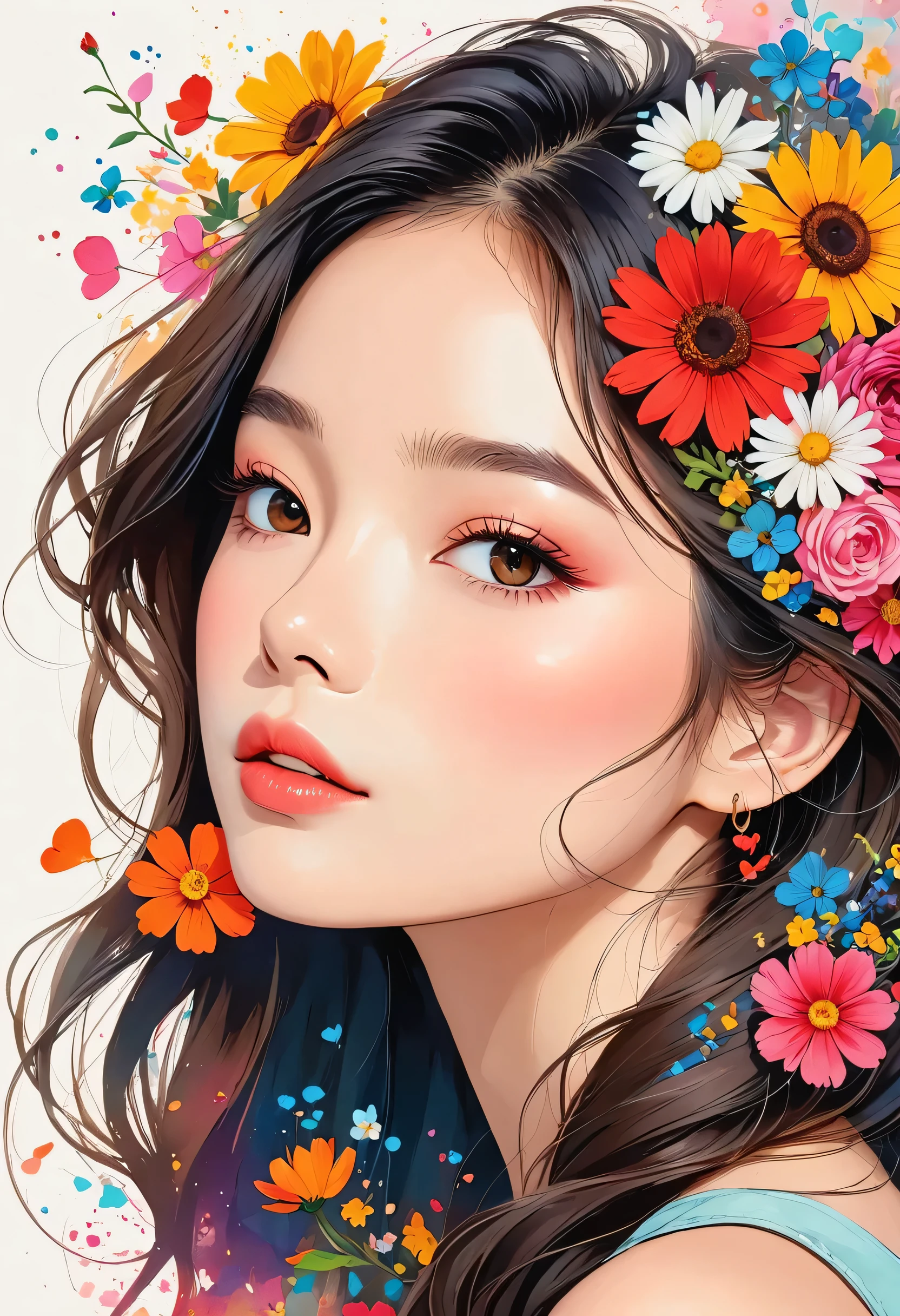 Hayao Miyazaki Style、The most beautiful girl of all time、Lips in Love、Colorful flowers、Simple line initials、Abstract art、Urban Background, Lips in Love