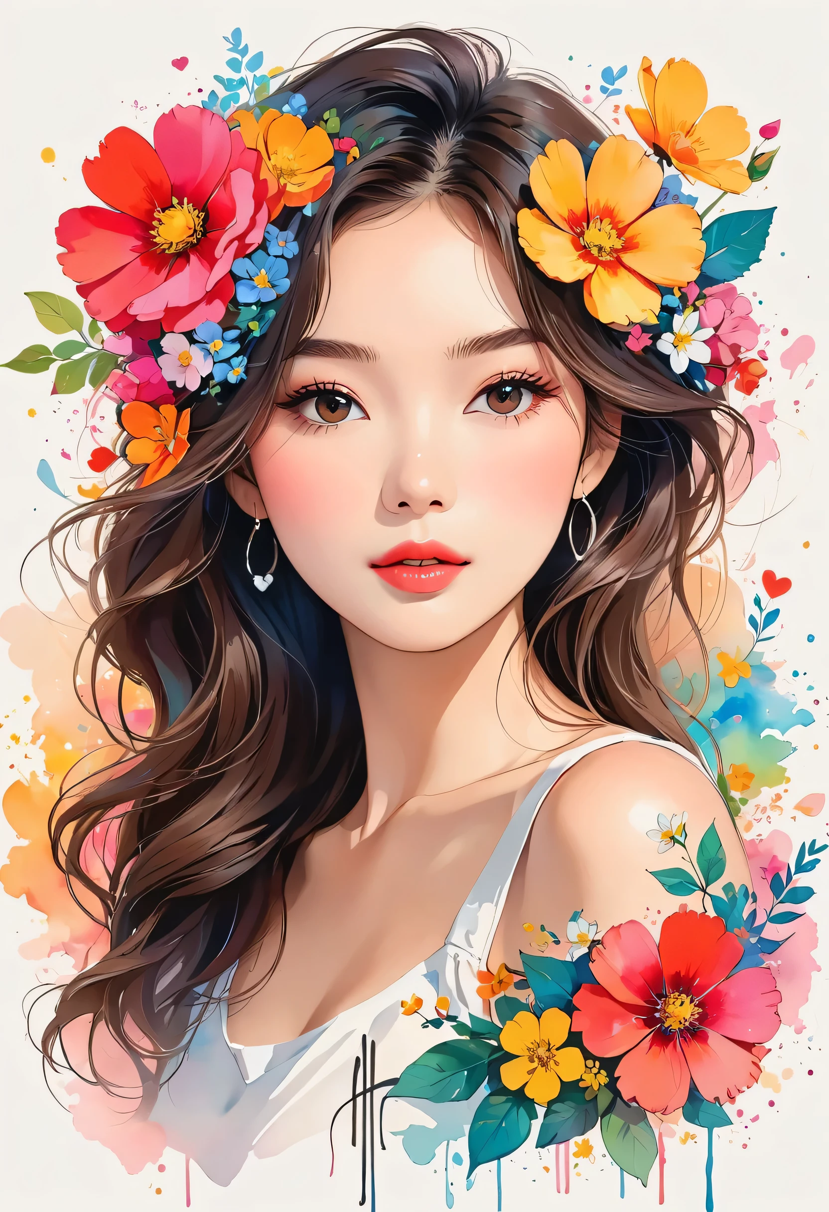 Hayao Miyazaki Style、The most beautiful girl of all time、Lips in Love、Colorful flowers、Simple line initials、Abstract art、Urban Background, Lips in Love