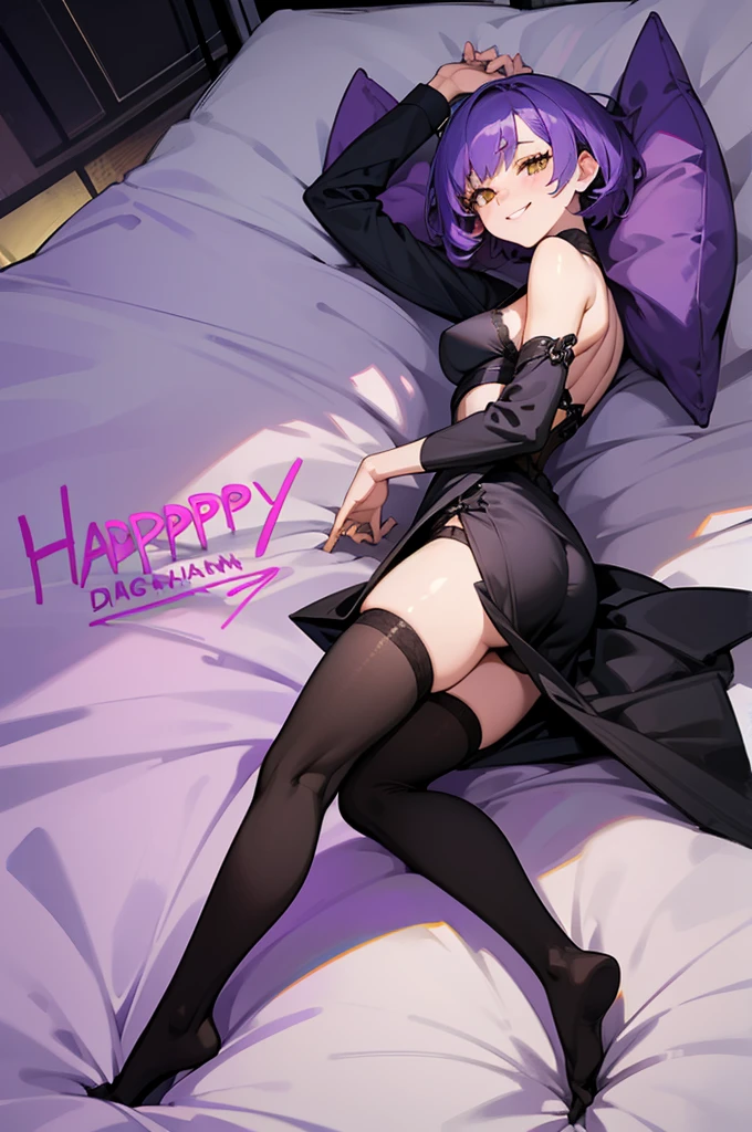 1girl, purple hair, yellow eyes, short hair, medium breasts, black underwear, bed, happy smile, full body, black thigh highs