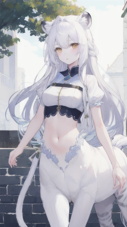 (best quality, masterpiece), 1 girl, centaur, It takes, White skin, navel, 아름다운 소녀 perfect white tiger photo, perfect white tiger photo