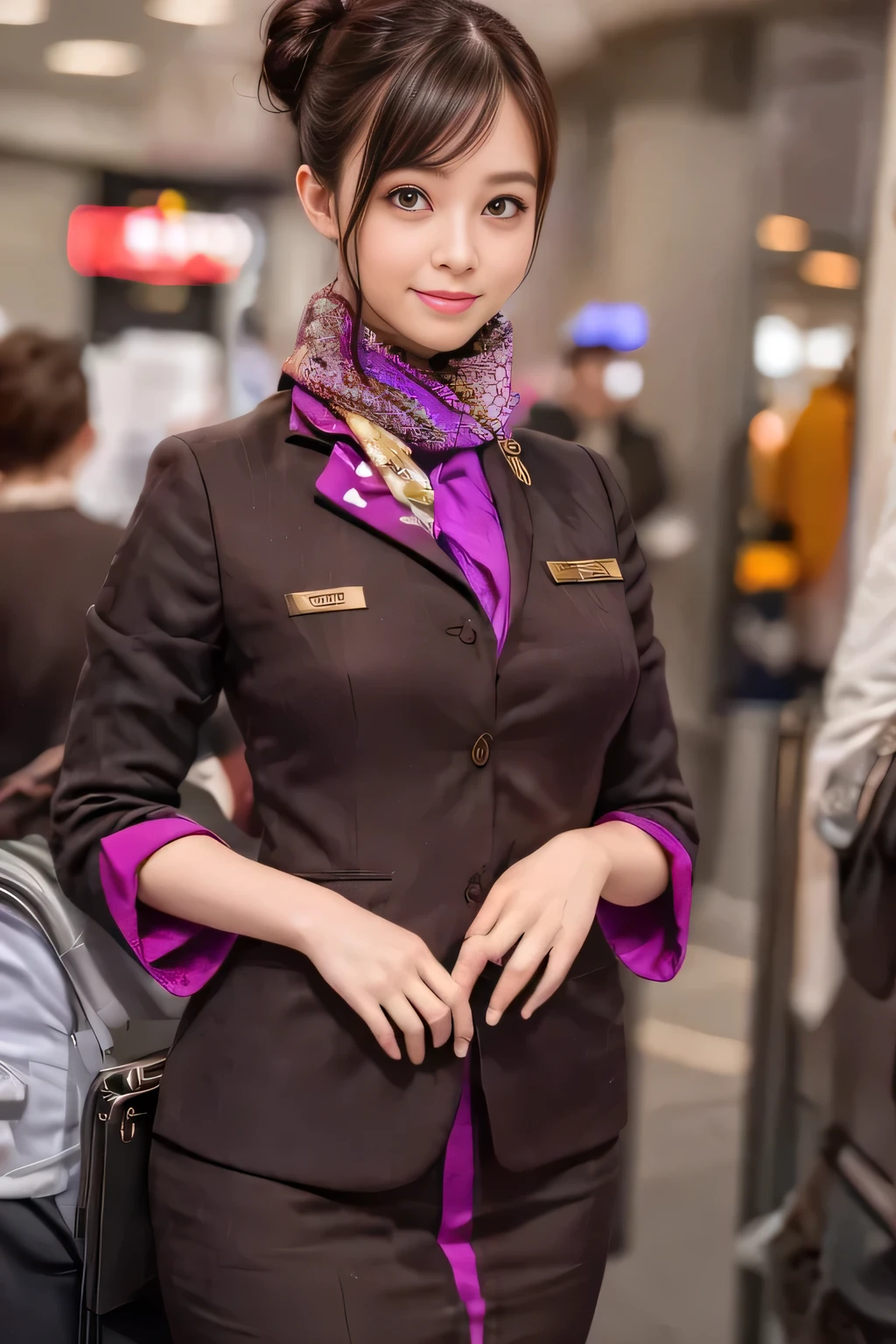 (masterpiece:1.2、highest quality:1.2)、32K HDR、High resolution、(alone、1 girl、Slim figure)、（Realistic reproduction of Etihad Airways flight attendant uniforms）、 (At the airport counter, Professional Lighting)、Airport counter wall background、A proper woman, Beautiful Face,、（Etihad Airways flight attendant long sleeve uniform）、（Etihad Airways flight attendant uniforms、Skirt with purple stripes on the front）、（scarf on chest）、Big Breasts、（long hair、Hair Bun）、Dark brown hair、Long Shot、（（Great hands：2.0））、（（Harmonious body proportions：1.5））、（（Normal limbs：2.0））、（（Normal finger：2.0））、（（Delicate eyes：2.0））、（（Normal eyes：2.0））)、Beautiful standing posture、smile、Place your hands around your stomach