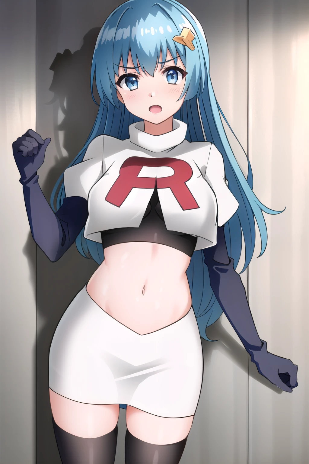(extremely detailed CG unity 4k wallpaper),(masterpiece),(best quality),(ultra-detailed),(best illustration),(best shadow),(absurdres),(detailed background) Miku Izayoi, 1girl, long hair, solo, breasts, hair ornament, looking at viewer, blue hair, blue eyes, very long hair, bangs, blush, team rocket,team rocket uniform,white skirt,red letter R,crop top,black thigh-highs,black elbow gloves