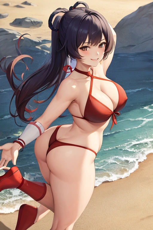 masterpiece, best quality, beautiful art, high resolution, well formed hands, body and fingers, 1 woman, solo, Xiangling, long hair, adult, big breasted, cleavage, hair ribbon, wearing a Tyris Flare outfit, full body, sexy and skimpy bikini, gorgeous legs and thighs , dancing seductively and erotically, turning backwards and forwards, showing her back and front, showing her butt, t -back, bikini thong, smiling joyfully, looking at the viewer, flirting, beach environment