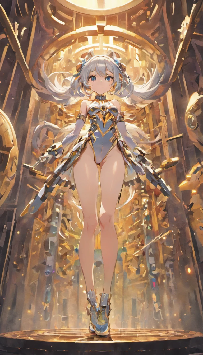 (Tabletop, highest quality), Very detailed, Anime Style, whole body, Mechanical Demon Girl, White hair and blue eyes, Wear a bodysuit, Had a huge gun, Cybernetic limbs, Fusion of living organisms and metals, Biometals, High heel boots, Digital Painting, High resolution, Trend Art Station