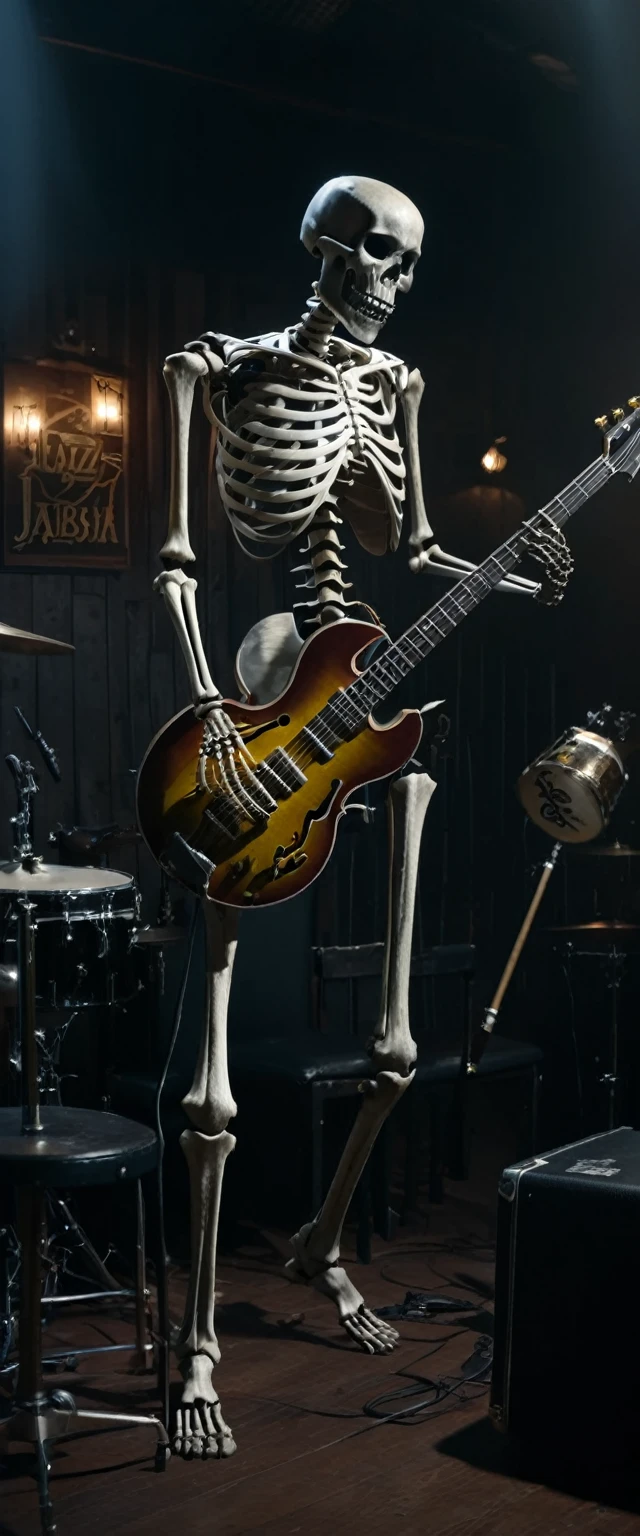 A skeleton is playing an electric guitar、You can see the drums and the double bass.、Hands are also bones、The skeleton is wearing a suit、tocando jazz、Em um bar escuro、Atmospheric Lighting、attention to the details、8K、detalhado、